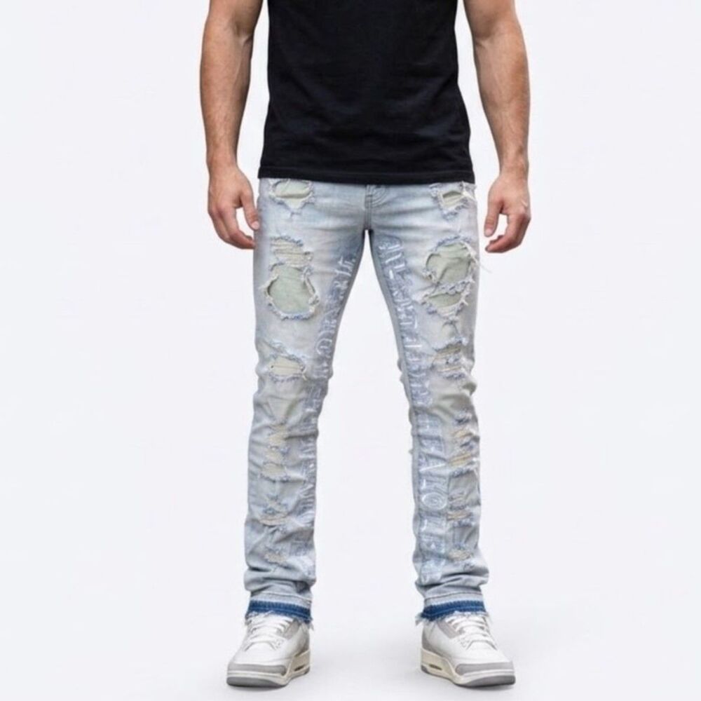 Focus Jeans Mens Blue Light Wash Ripped Embroidered Stacked Slim Leg Jeans Sz 32